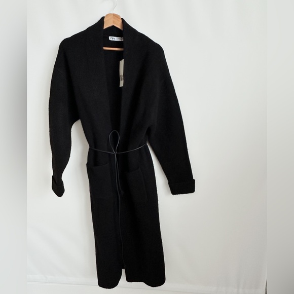 Zara coat wool blend classic casual Elegant Black Women's jacket with waist tie - Picture 8 of 8